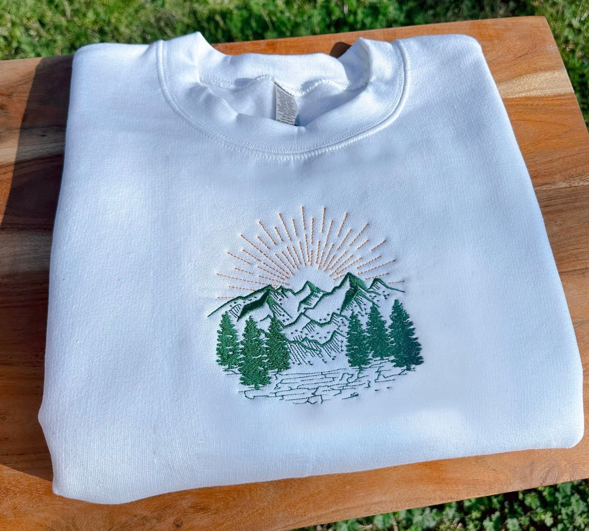 Mountain sunrise Embroidered Crewneck