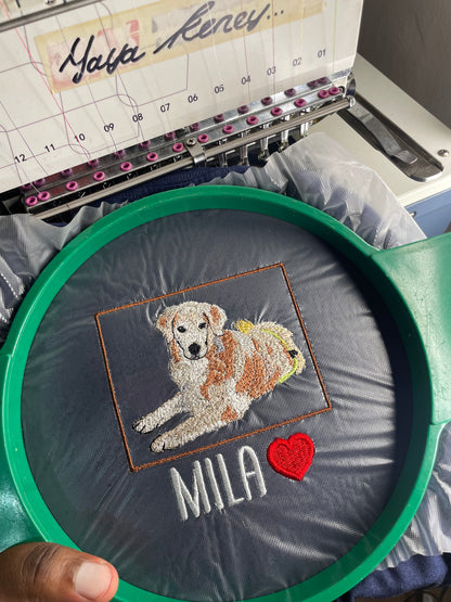 Custom Embroidered Pet Portrait T-Shirt – Personalized Dog or Cat Photo Stitch with Name