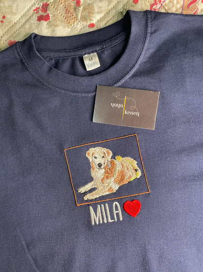 Custom Embroidered Pet Portrait T-Shirt – Personalized Dog or Cat Photo Stitch with Name