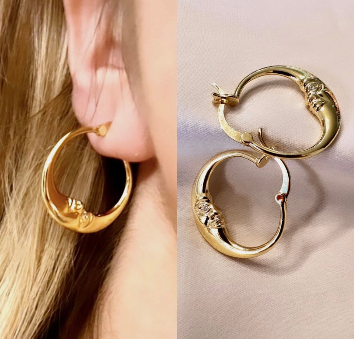 Gold Moon Face hoop earrings