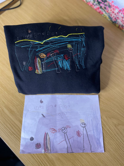 Kids drawings custom embroidery on a Crewneck