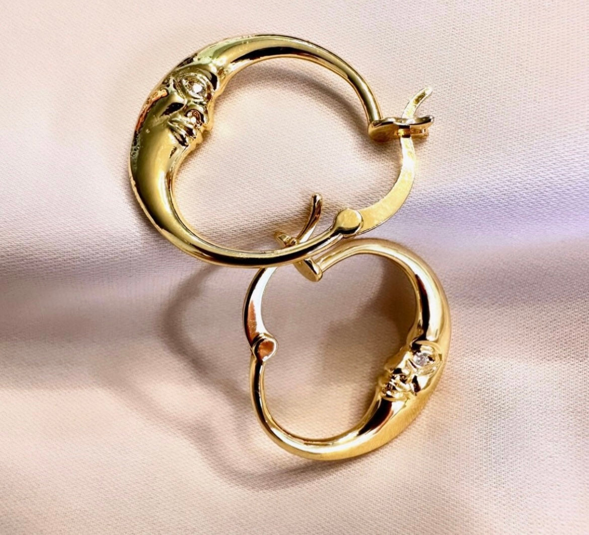 Gold Moon Face hoop earrings