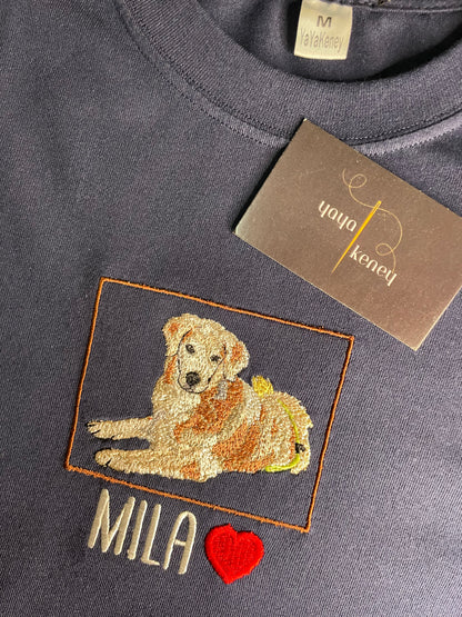 Custom Embroidered Pet Portrait T-Shirt – Personalized Dog or Cat Photo Stitch with Name