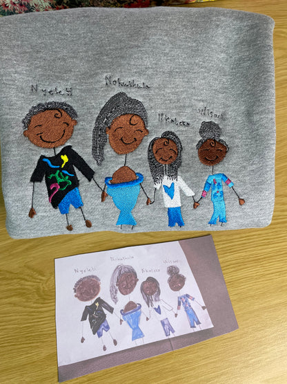 Kids drawings custom embroidery on a Crewneck