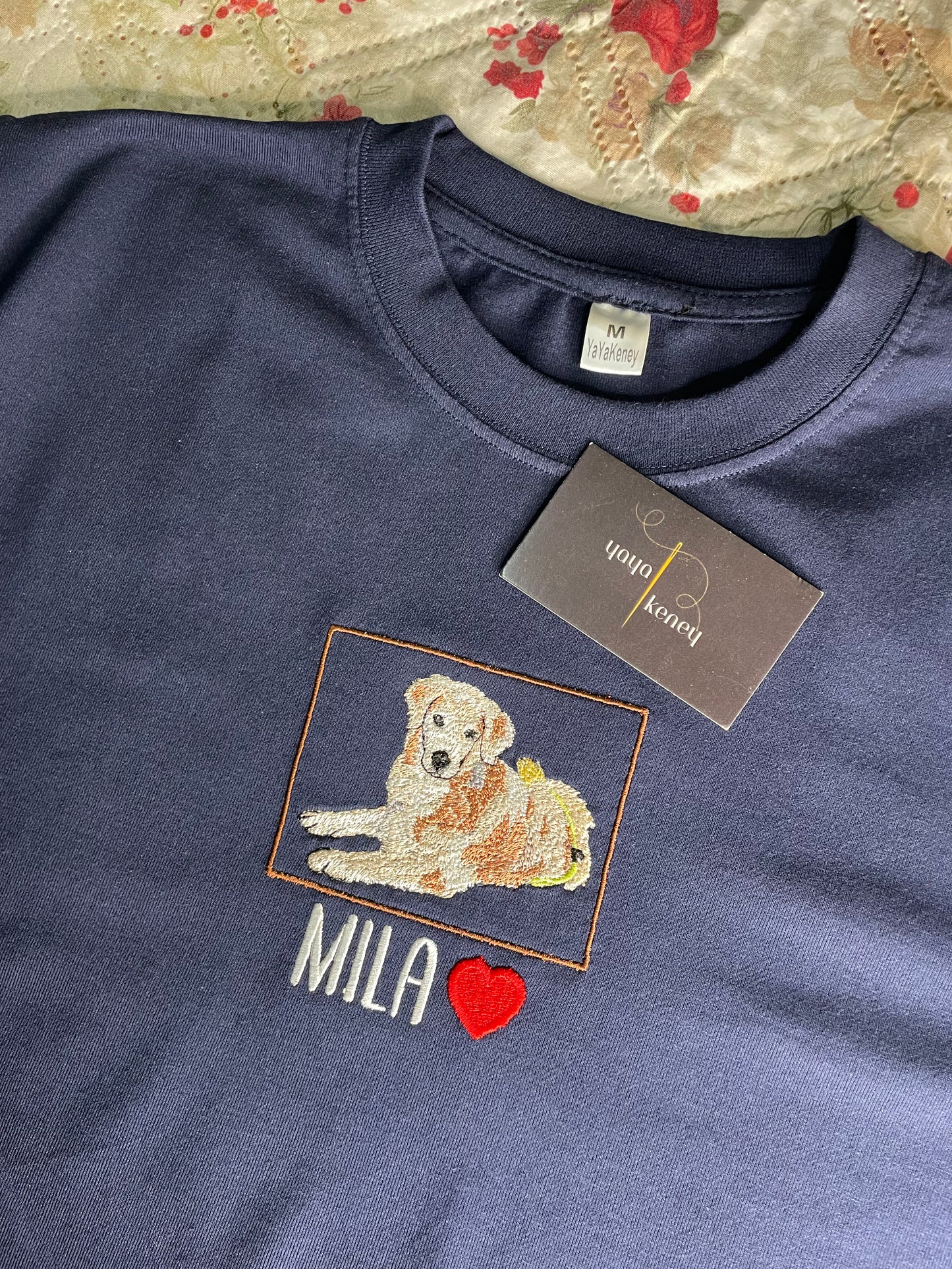 Custom Embroidered Pet Portrait T-Shirt – Personalized Dog or Cat Photo Stitch with Name