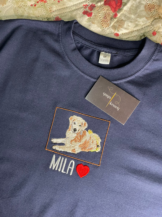 Custom Embroidered Pet Portrait T-Shirt – Personalized Dog or Cat Photo Stitch with Name