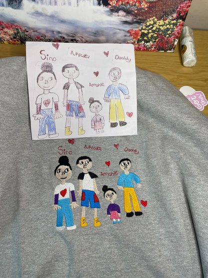 Kids drawings custom embroidery on a Crewneck